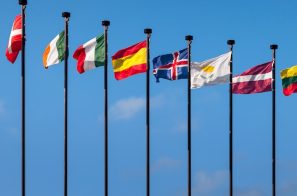National flags of the European countries against the blue sky